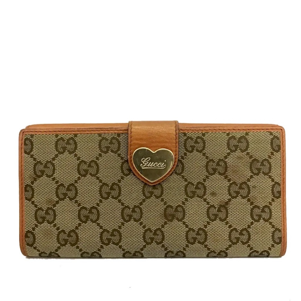 GUCCI Heart GG Logo Canvas Leather Long Bifold Wallet